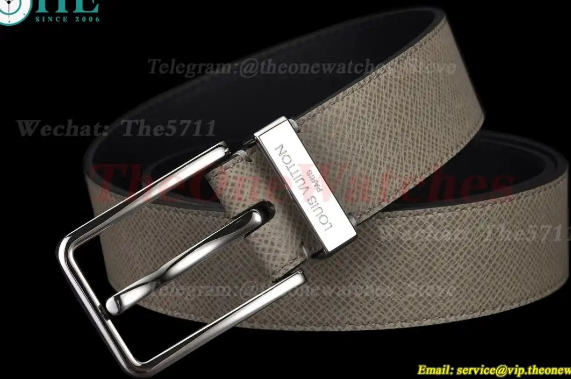 Silver LV SS Buckle on Beige Leather Belt 3.5cm