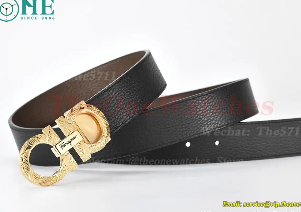 YG Brass Buckle on Black Brownish Leather Belt 3.5cm