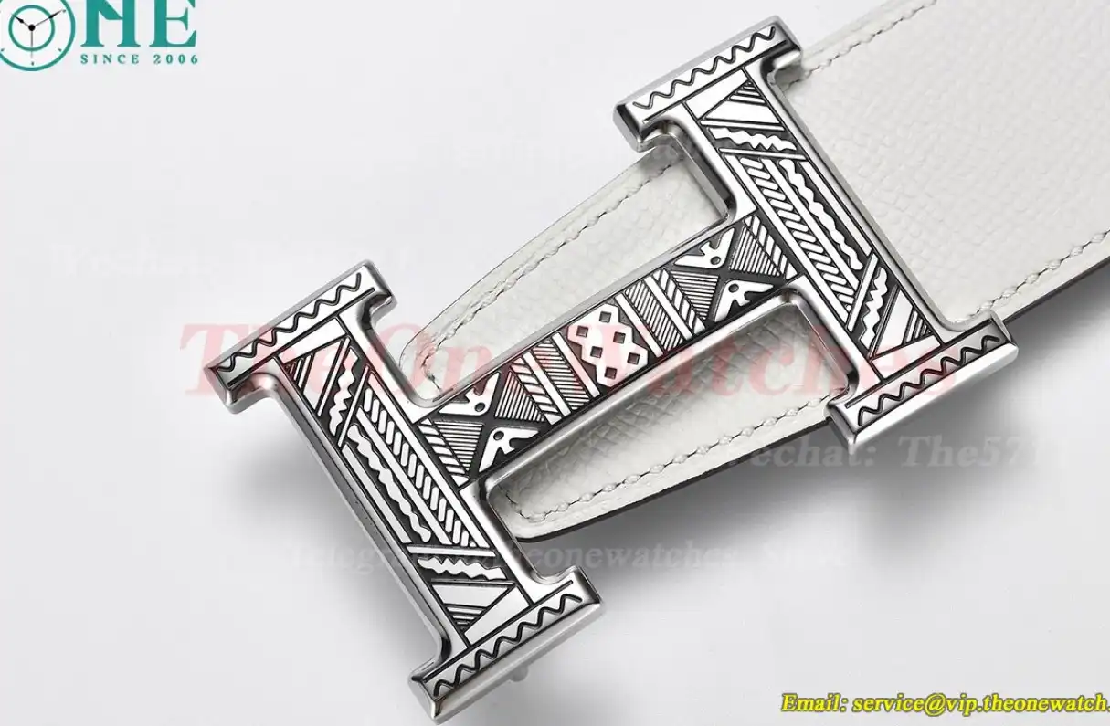 Silver Hermes SS Buckle on White Black Leather Belt 3.8cm