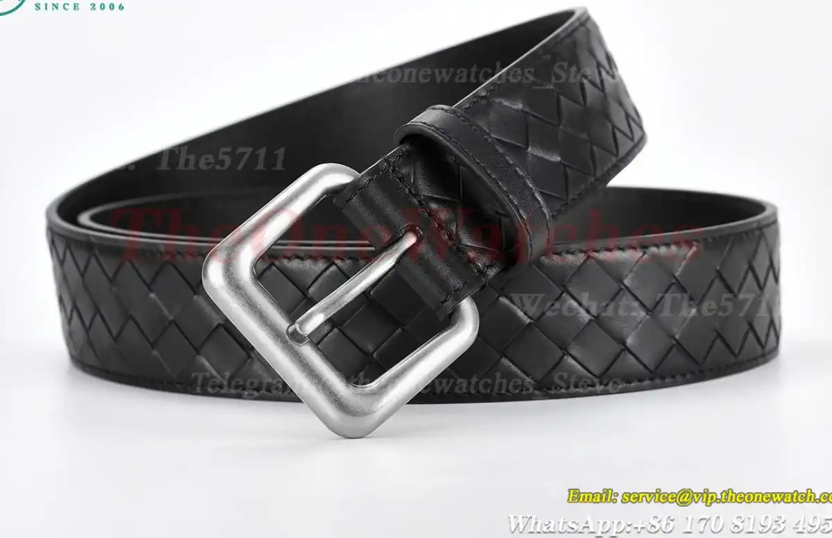 Silver Brass Buckle on Black Braided Leather Belt 4.0cm