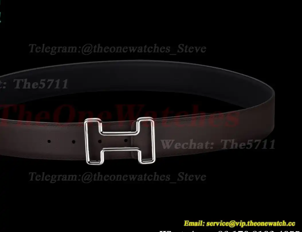 Silver Hermes SS Buckle on Black Leather Belt 3.8cm