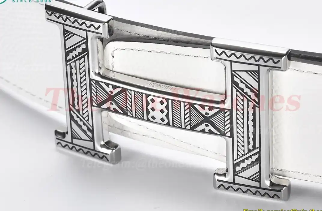 Silver Hermes SS Buckle on White Black Leather Belt 3.8cm