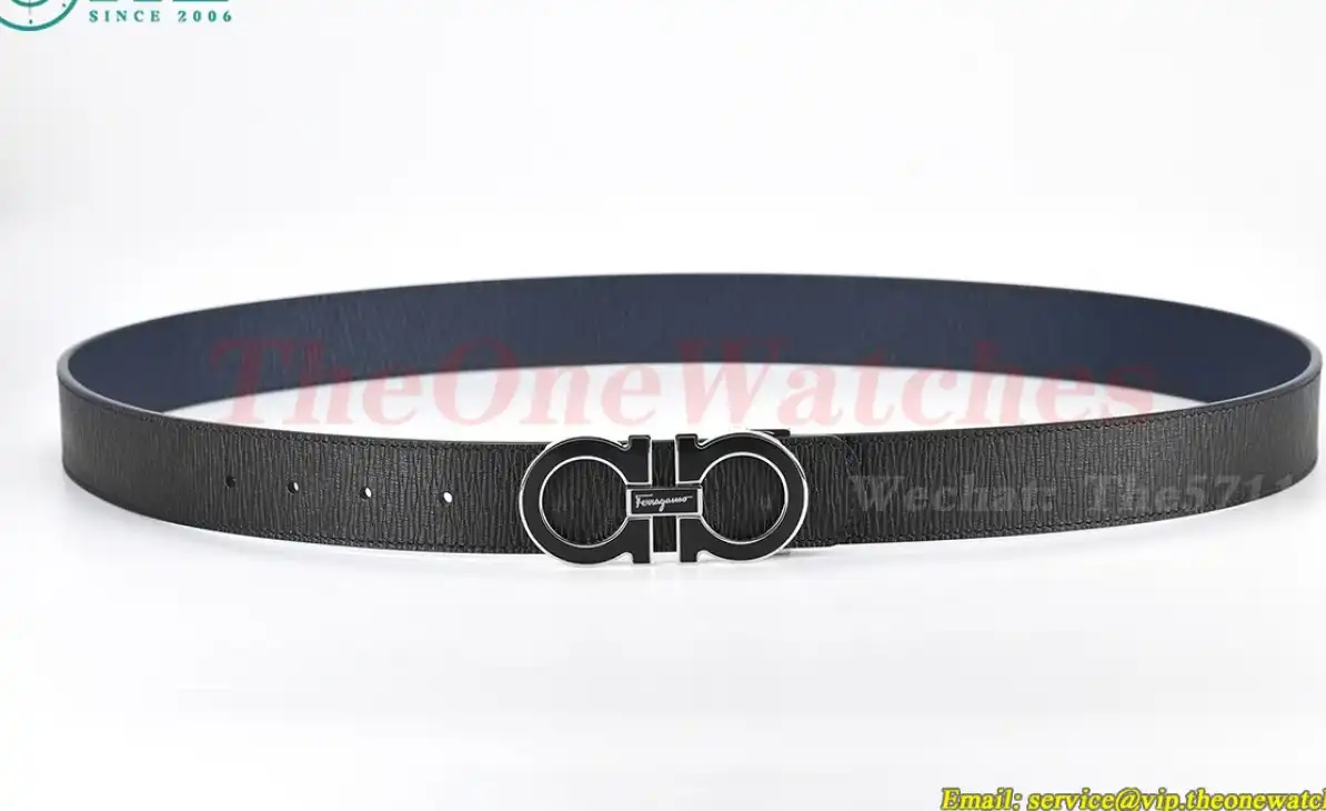 PVD Silver Brass Buckle on Black Blue Leather Belt 3.5cm