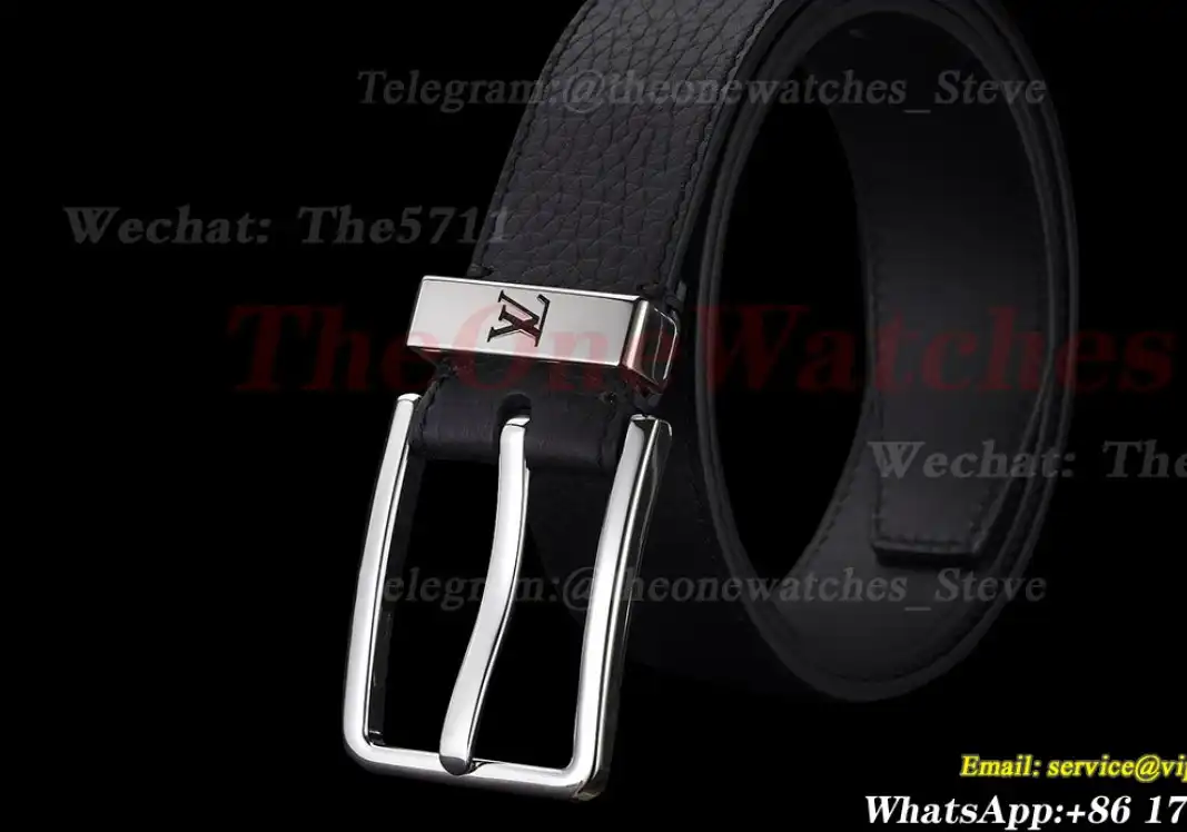 Silver LV SS Buckle on Black Leather Belt 3.5cm