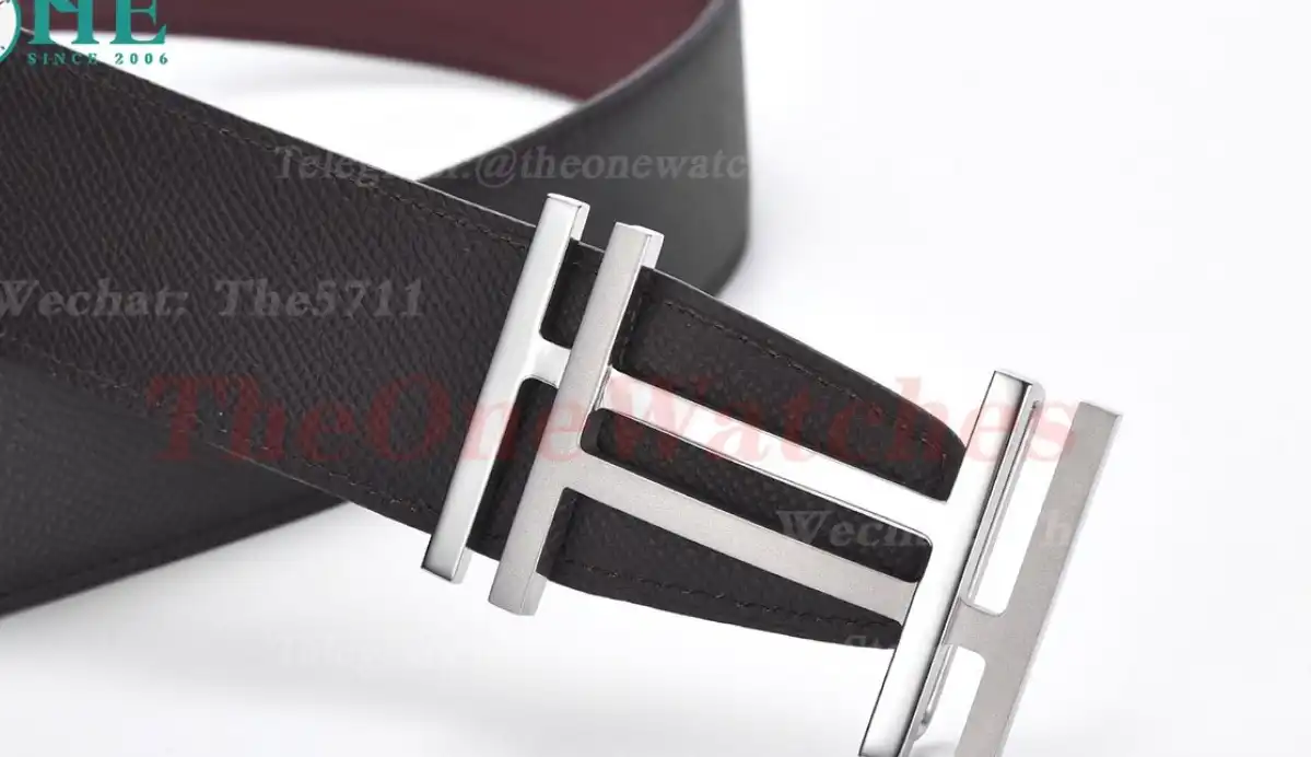 Silver Hermes SS Buckle on Red Black Leather Belt 3.8cm