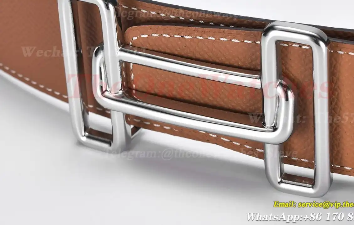 Silver Hermes SS Buckle on Brown Black Leather Belt 3.8cm