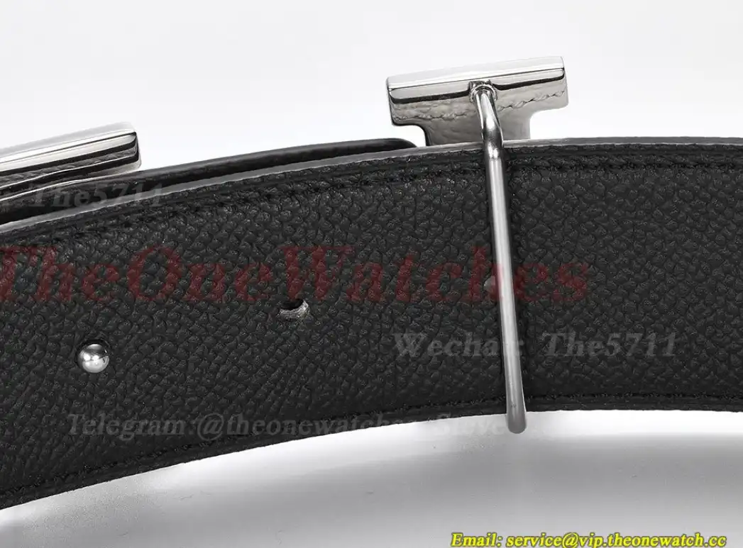 Silver Hermes SS Buckle on White Black Leather Belt 3.8cm