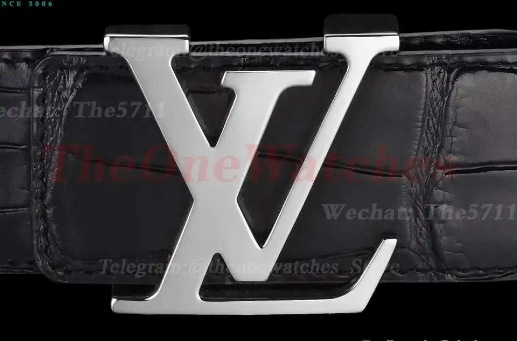 Silver LV Brass Buckle on Black Leather Belt 4.0cm