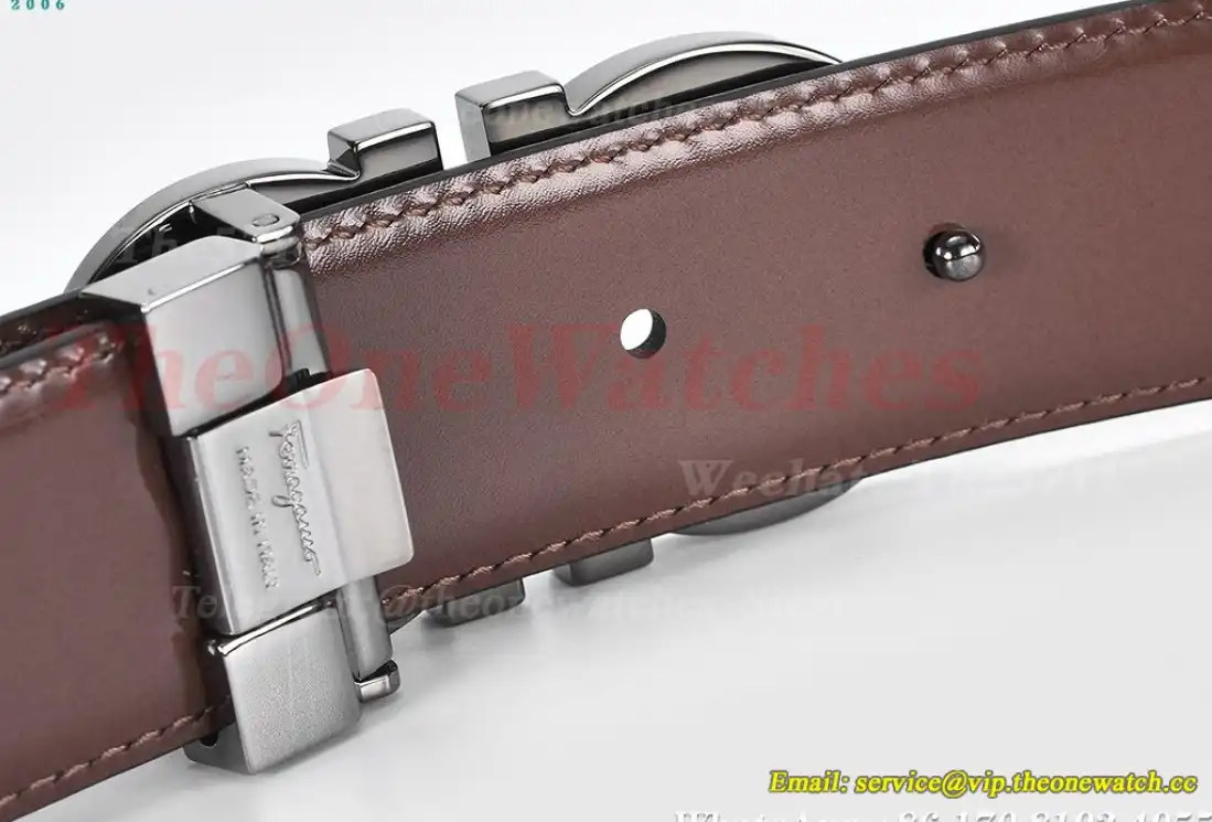 Bright Grey Brass Buckle on Black Brown Leather Belt 3.5cm