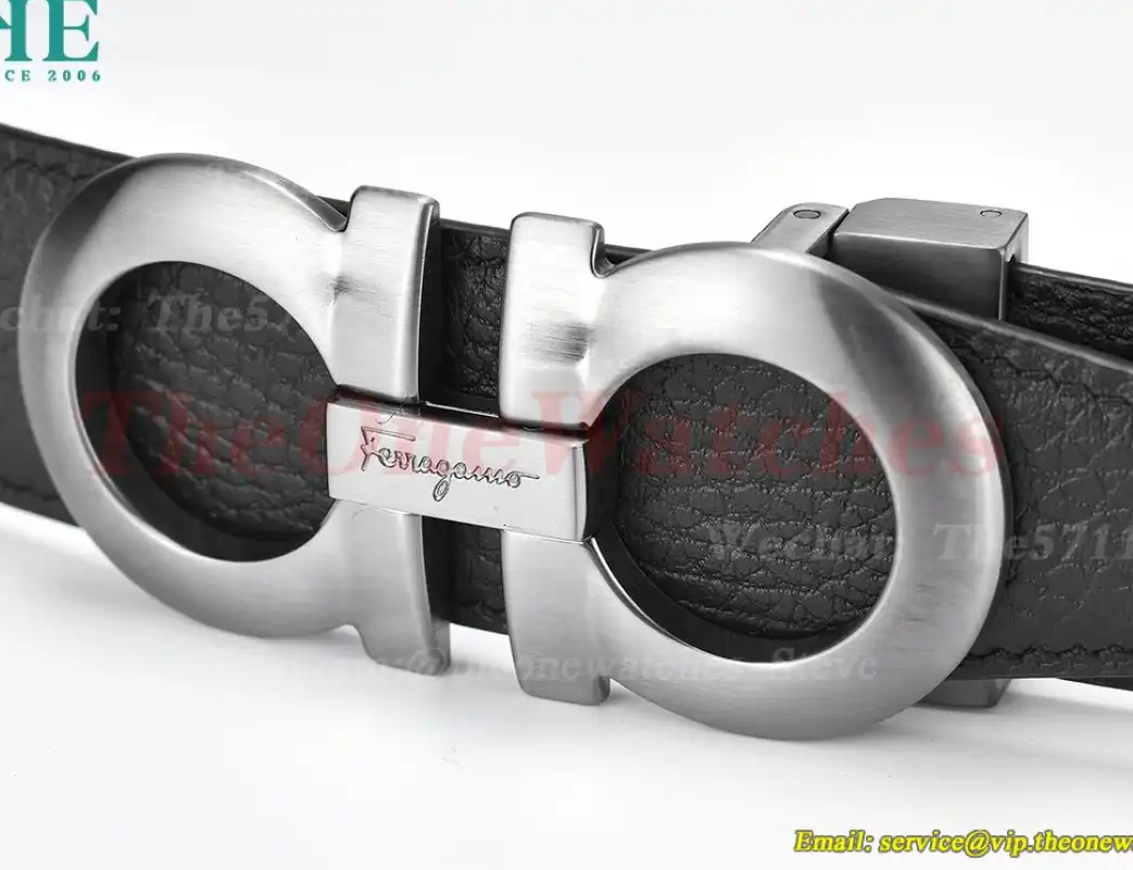 Bright Grey Brass Buckle on Black Blue Leather Belt 3.5cm