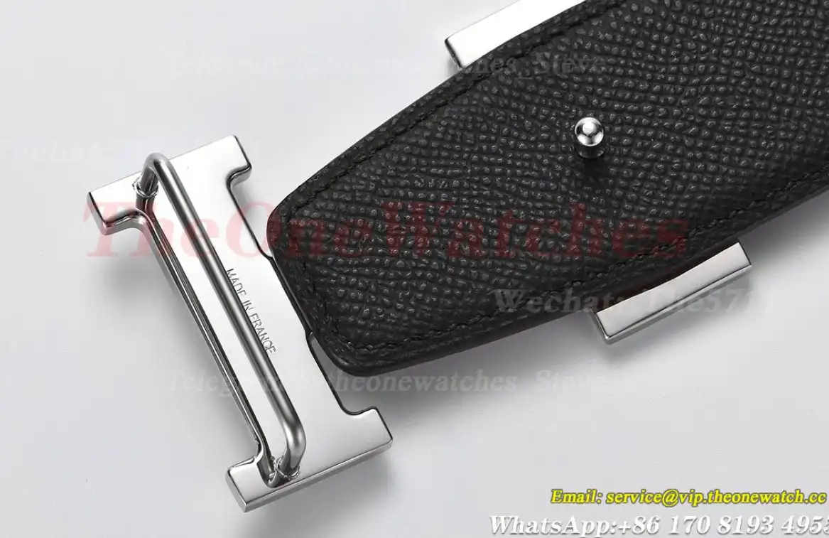 Silver Hermes SS Buckle on Brown Black Leather Belt 3.8cm