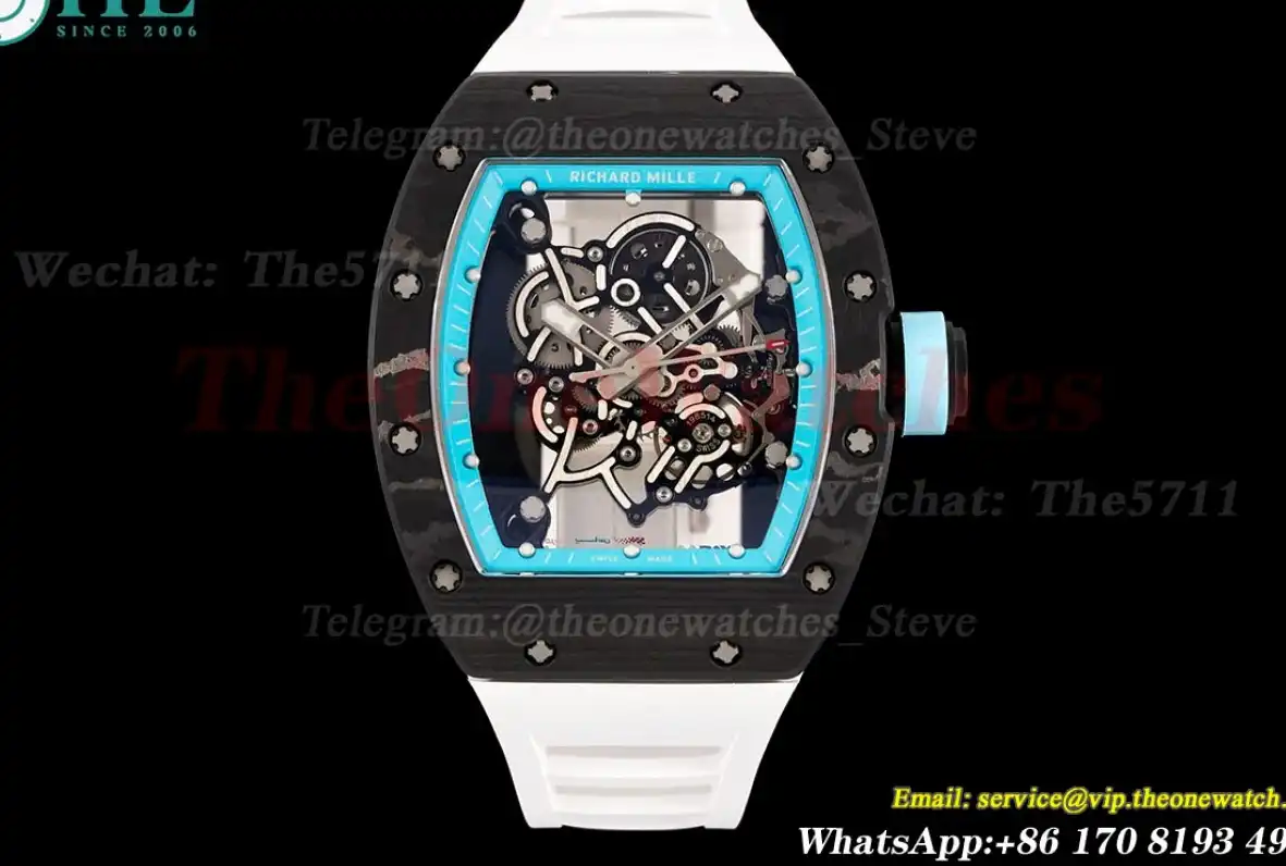 RM055 Real NTPT Skeleton Blue Dial On White Rubber Strap YSF RMUL2