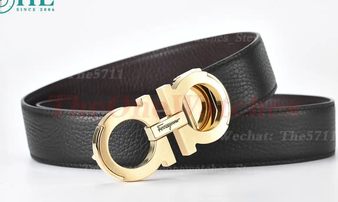 YG Brass Buckle on Black Brownish Leather Belt 3.5cm