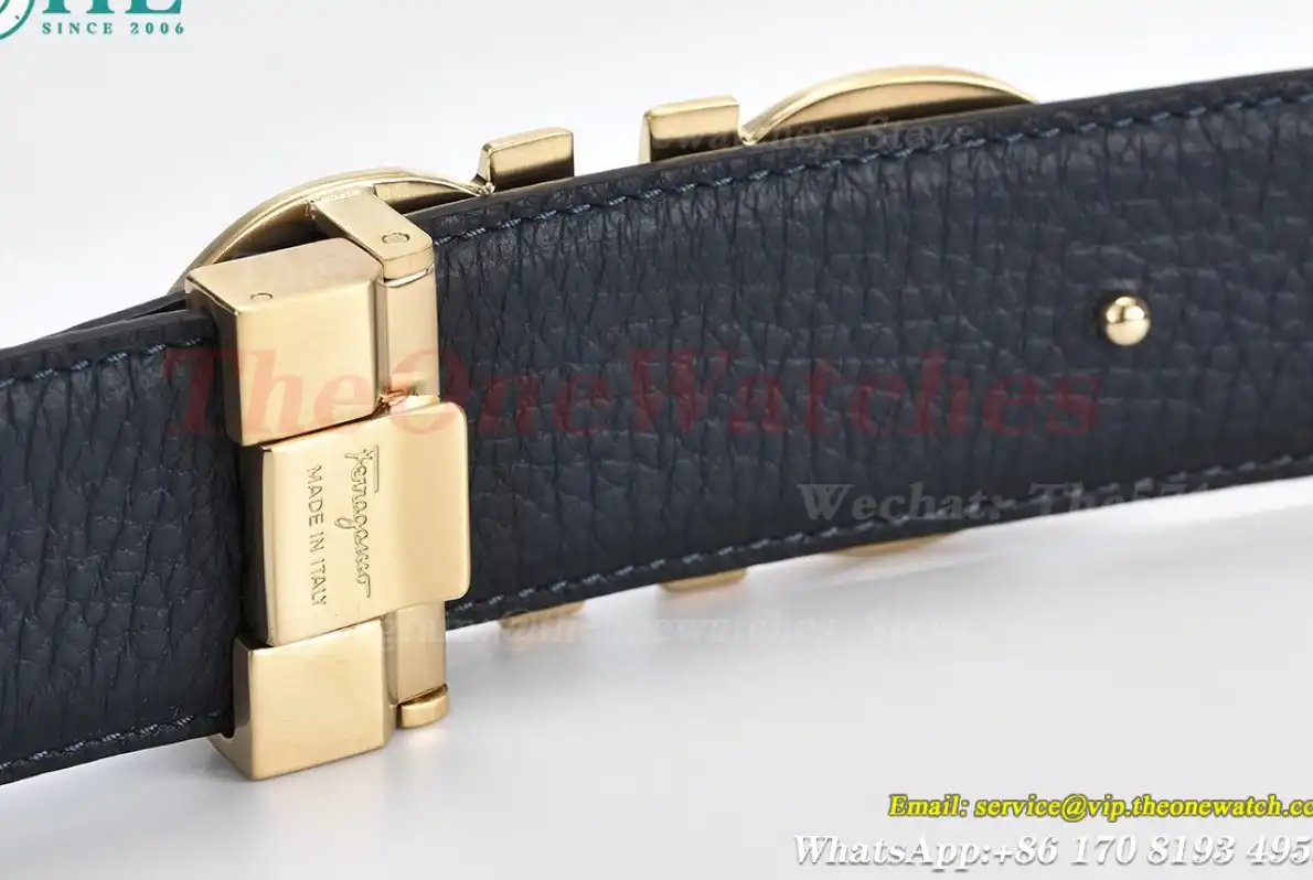 YG Brass Buckle on Black Blue Leather Belt 3.5cm