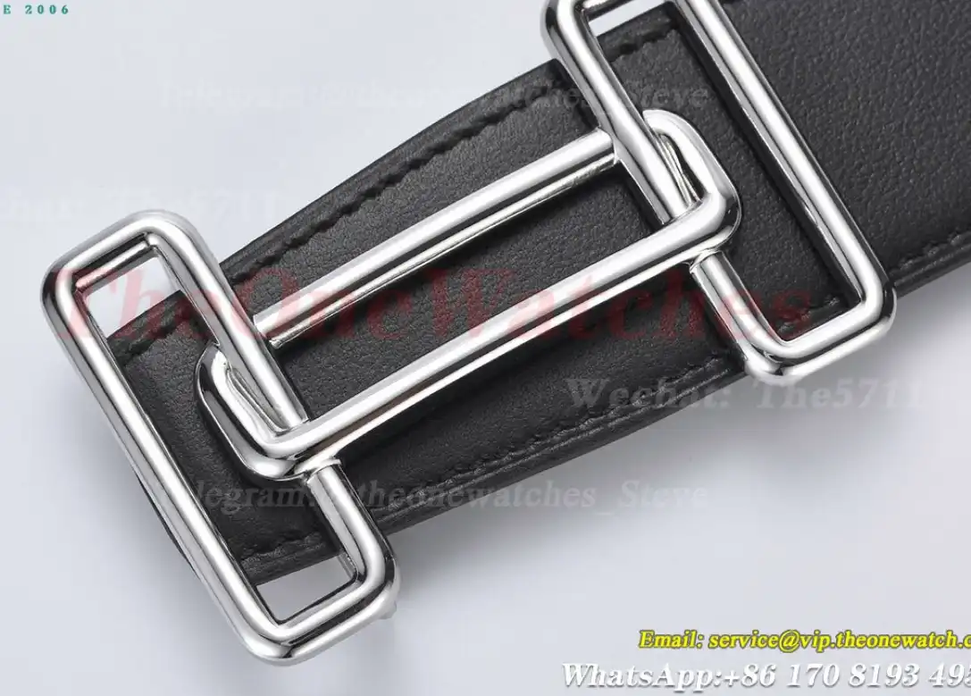 Silver Hermes SS Buckle on Black Leather Belt 3.8cm