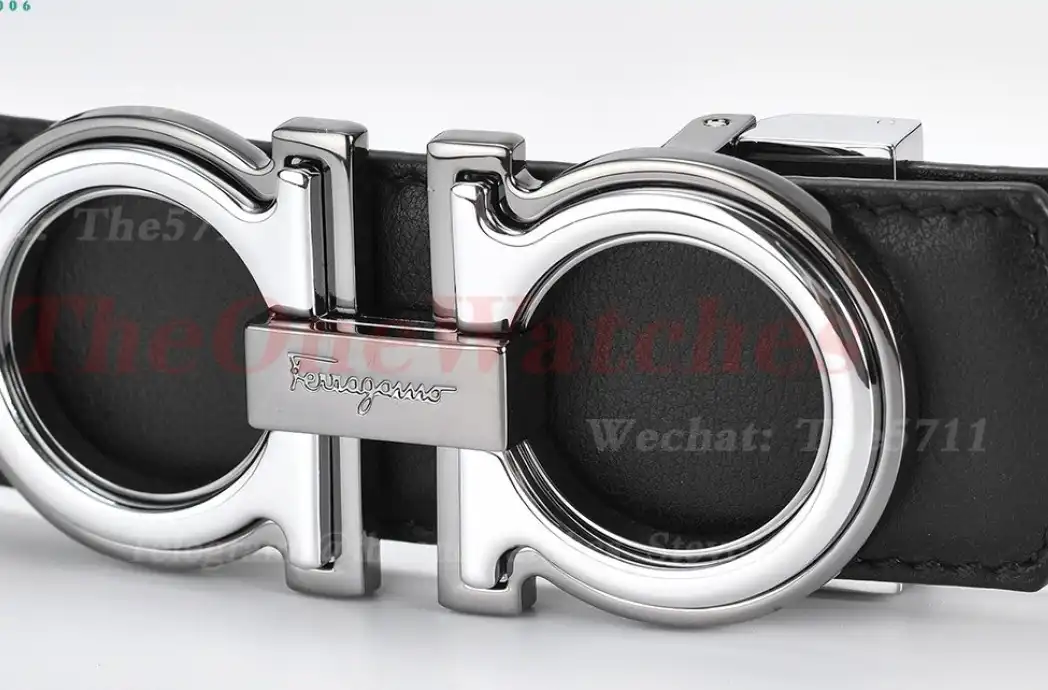 Silver Brass Buckle on Black Blue Leather Belt 3.5cm