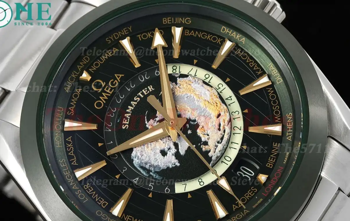 Aqua Terra 150M 43mm Worldtimer SS SS Green Dial VSF A8938