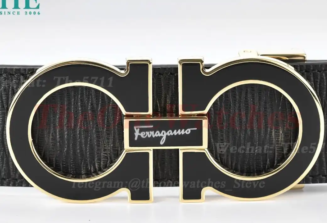 PVD YG Brass Buckle on Black Blue Leather Belt 3.5cm