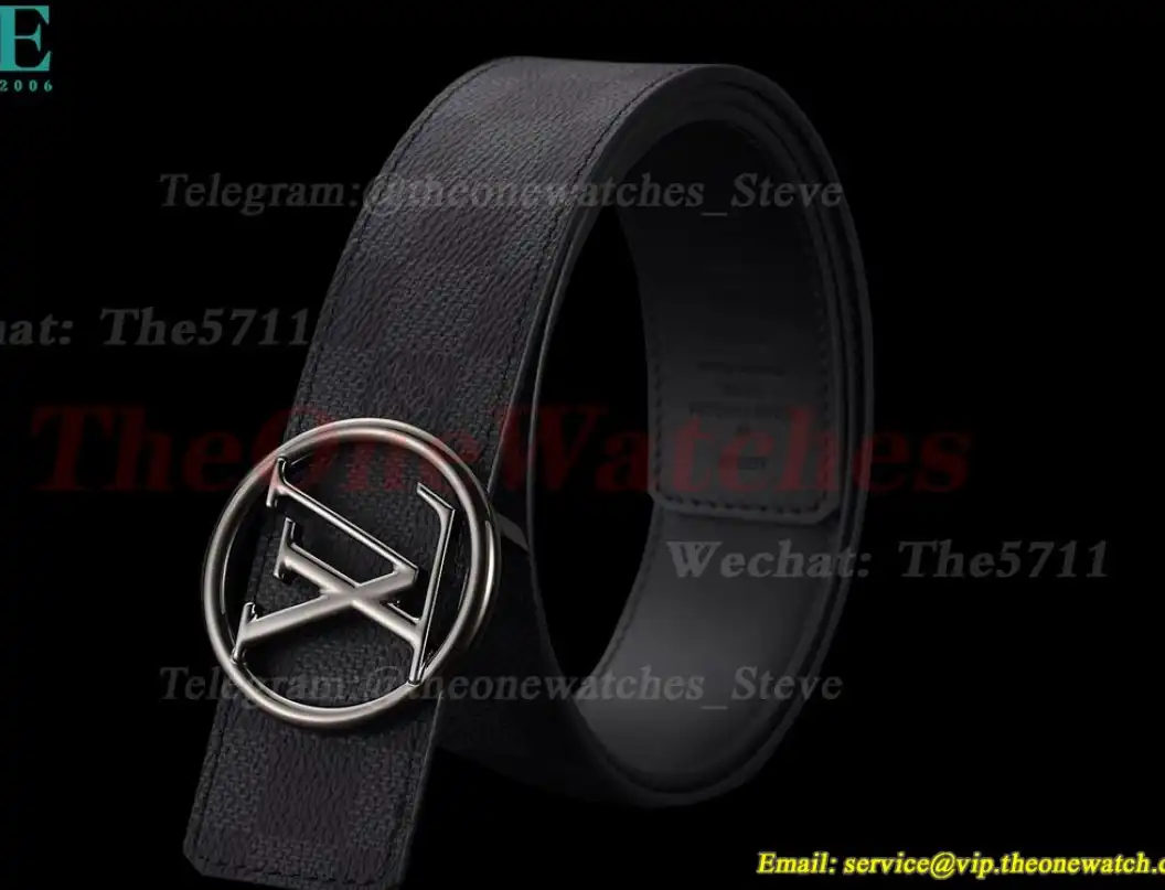 Bright Grey LV Brass Buckle on Grey Black Leather Belt 4.0cm