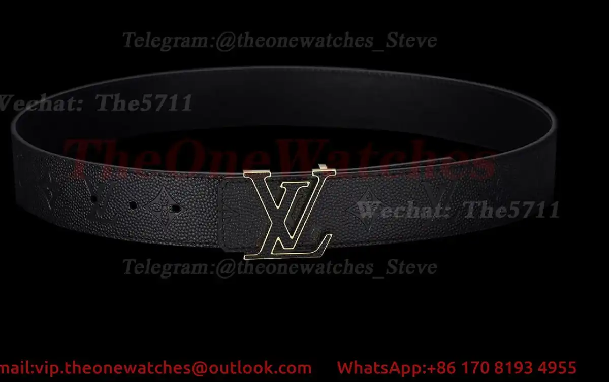 Yellow Gold LV Brass Buckle on Black Leather Belt 4.0cm