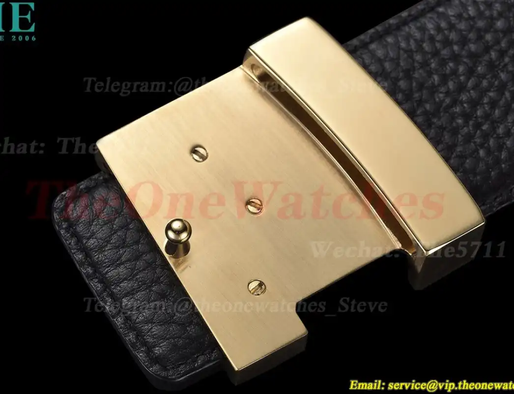 Yellow Gold LV Brass Buckle on Black Leather Belt 4.0cm