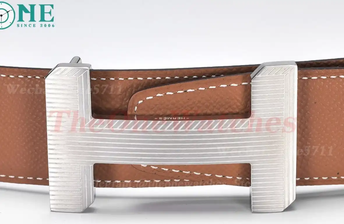 Silver Hermes SS Buckle on Black Brown Leather Belt 3.8cm