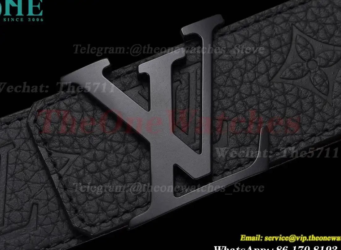 PVD Black LV Brass Buckle on Black Leather Belt 4.0cm