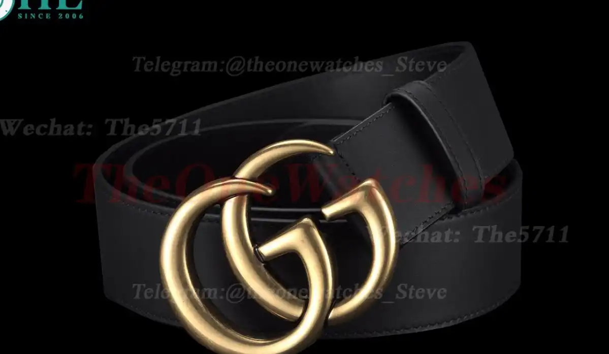 Gold Double G Buckle on Black Leather Belt 4.0cm