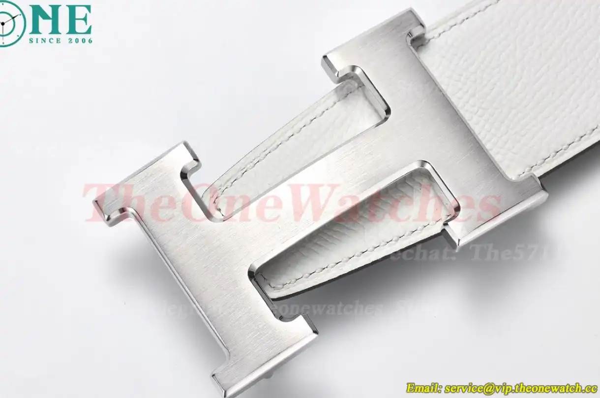 Silver Hermes SS Buckle on White Black Leather Belt 3.8cm