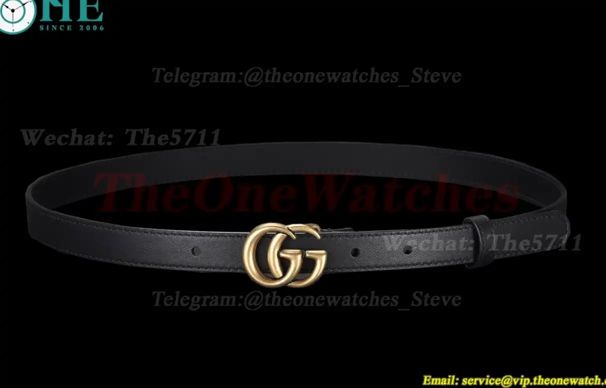 Gold Double G Buckle on Black Leather Belt 2.0cm