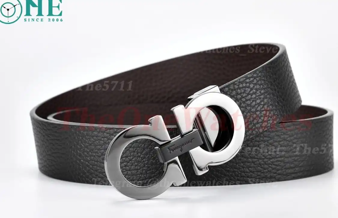 Bright Grey Brass Buckle on Black Brownish Leather Belt 3.5cm