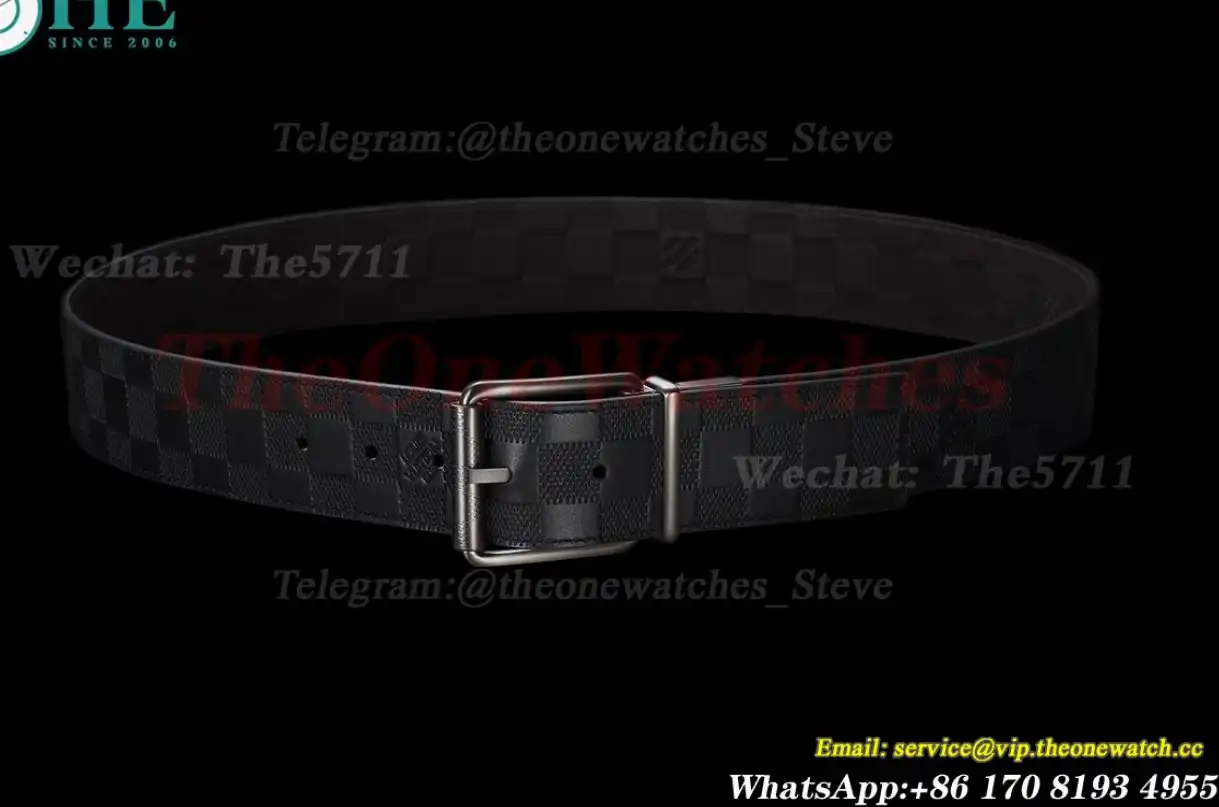 Bright Grey LV Brass Buckle on Black Grey Leather Belt 4.0cm