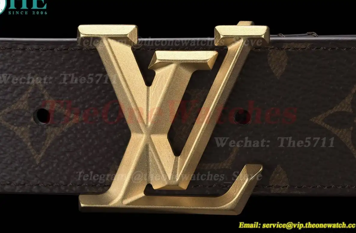 Yellow Gold LV Brass Buckle on Brown Leather Belt 4.0cm