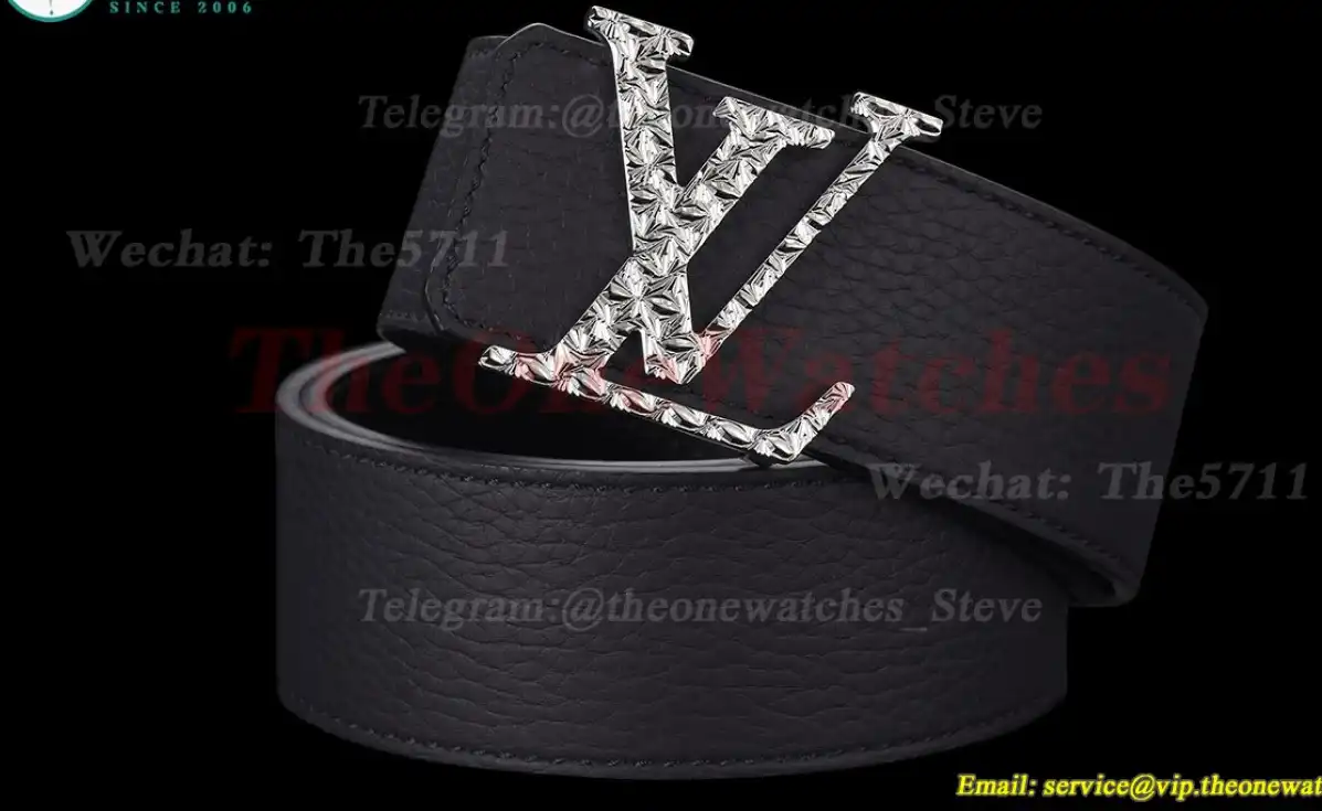 Engraved LV Brass Buckle on Black Leather Belt 4.0cm