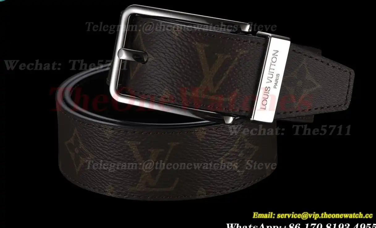 Silver LV SS Buckle on Brown Leather Belt 3.5cm