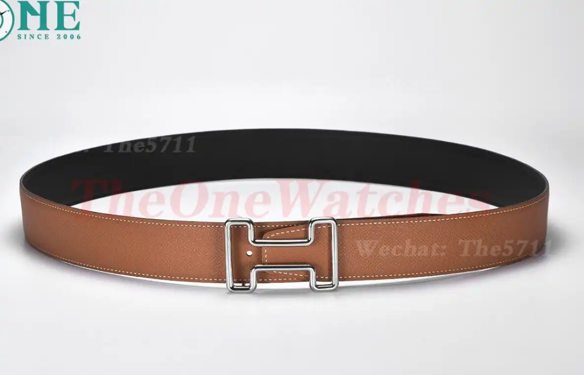 Silver Hermes SS Buckle on Brown Black Leather Belt 3.8cm