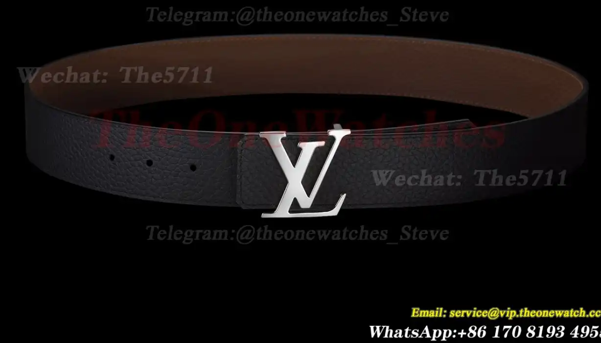 Silver LV Brass Buckle on Black Leather Belt 4.0cm