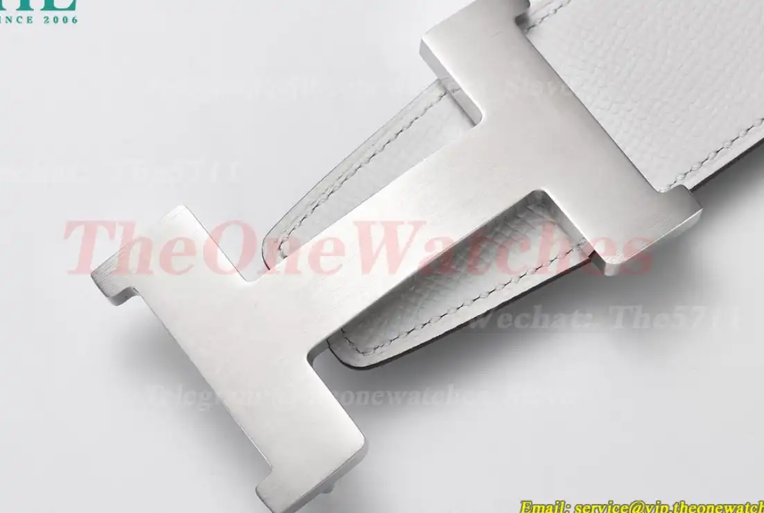 Silver Hermes SS Buckle on White Black Leather Belt 3.8cm