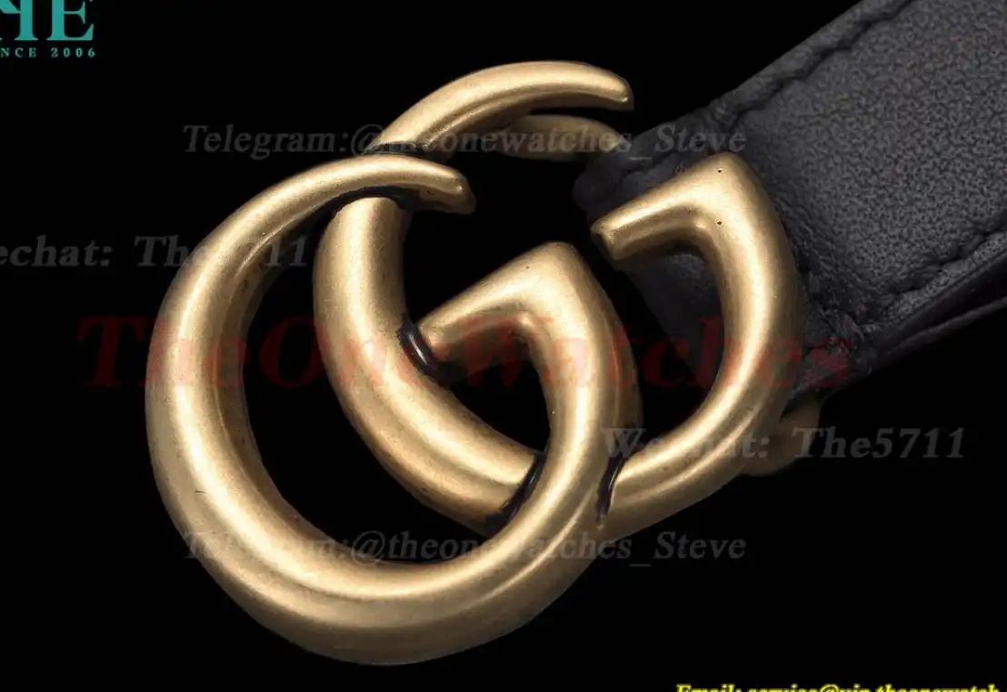 Gold Double G Buckle on Black Leather Belt 2.0cm