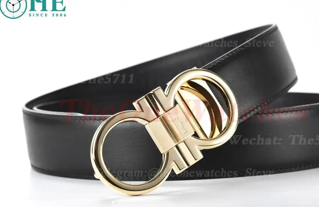 YG Brass Buckle on Black Black Leather Belt 3.5cm