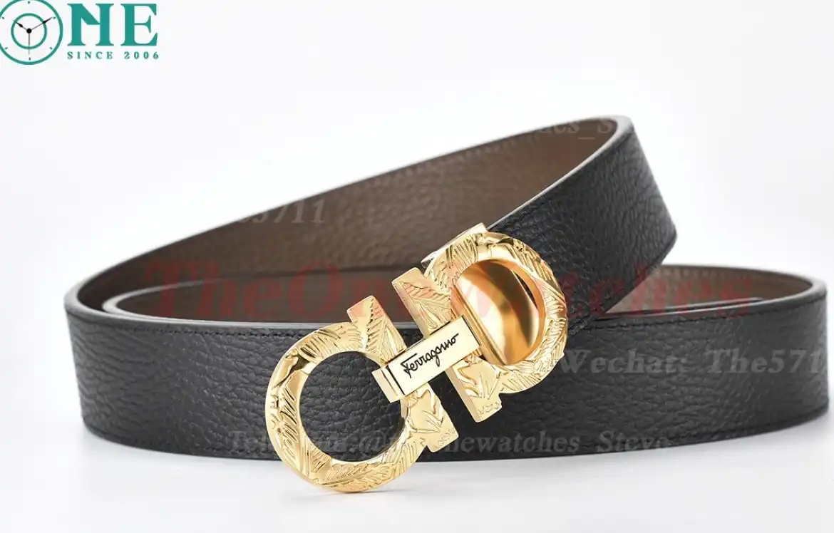 YG Brass Buckle on Black Brownish Leather Belt 3.5cm