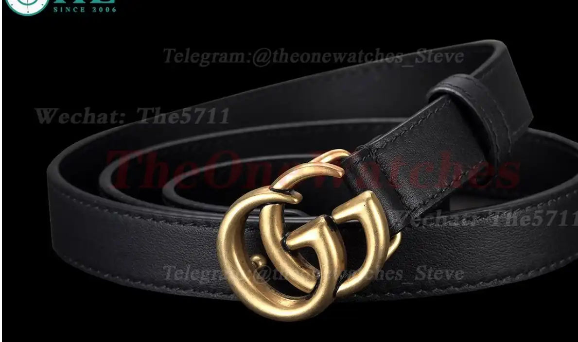 Gold Double G Buckle on Black Leather Belt 2.0cm