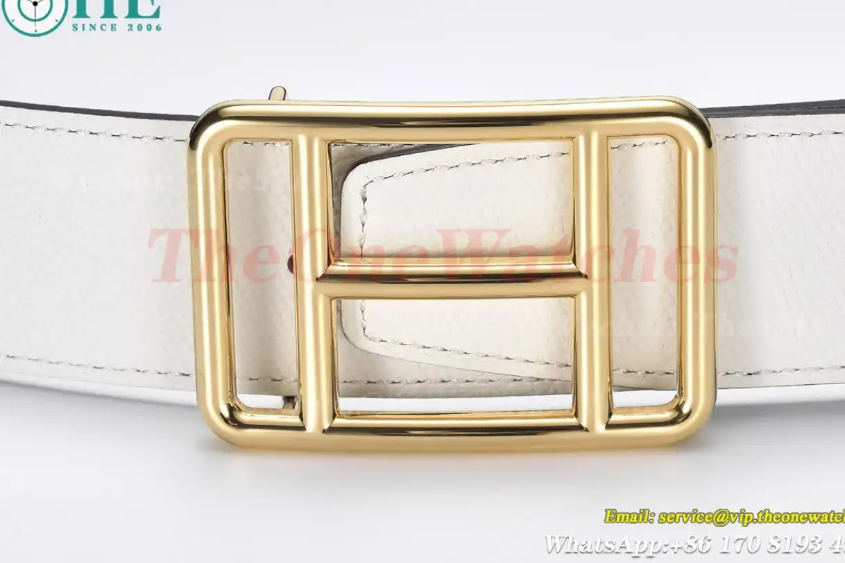 YG Hermes SS Buckle on White Black Leather Belt 3.8cm