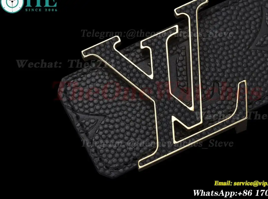 Yellow Gold LV Brass Buckle on Black Leather Belt 4.0cm