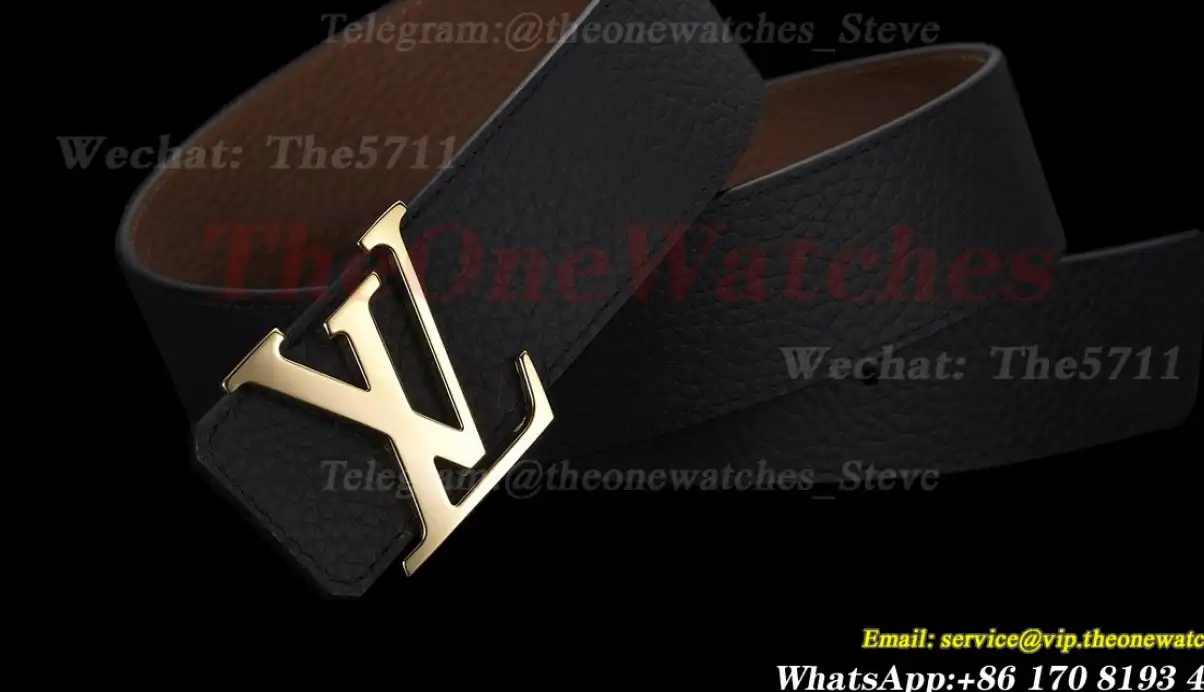 Yellow Gold LV Brass Buckle on Black Leather Belt 4.0cm