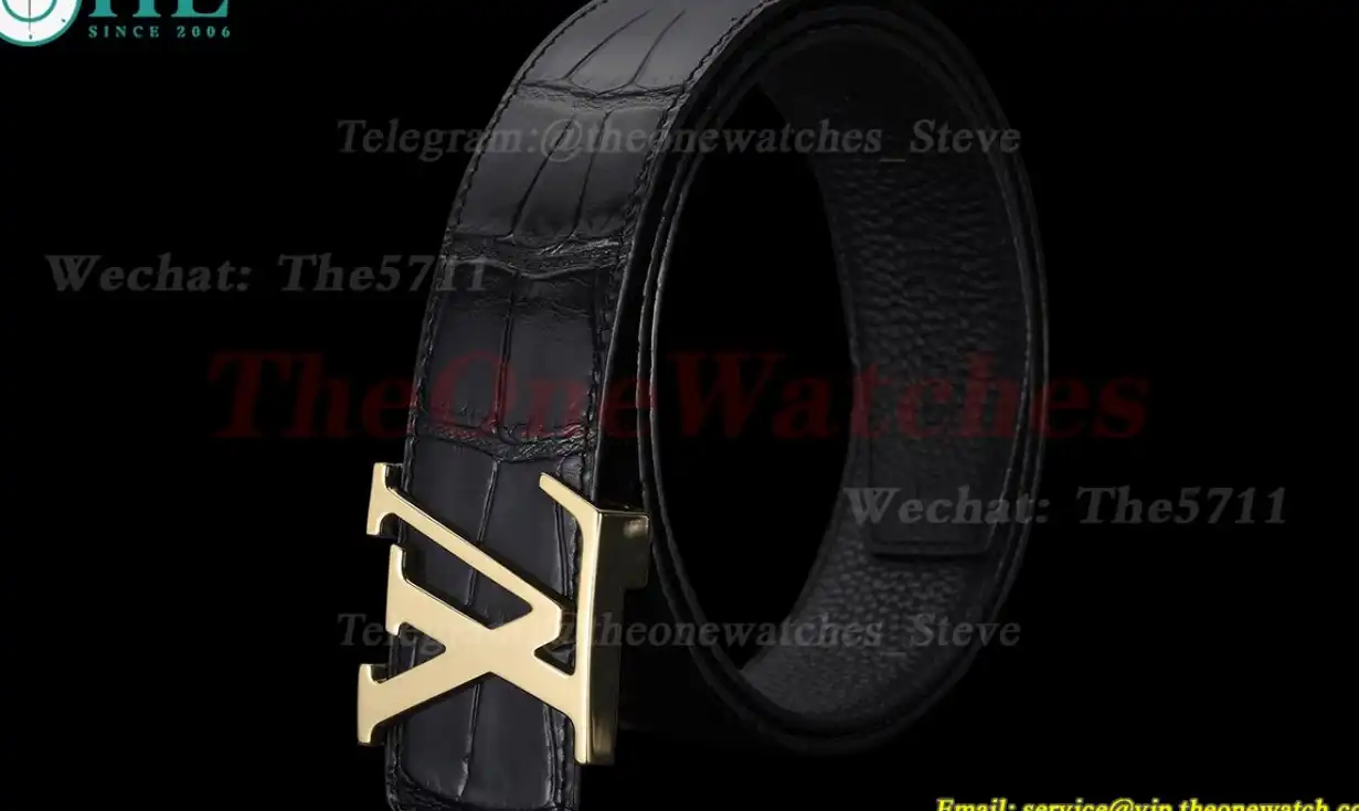 Yellow Gold LV Brass Buckle on Black Leather Belt 4.0cm