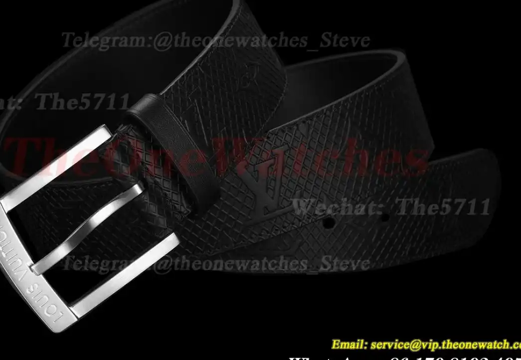 Silver LV SS Buckle on Black Checkered Leather Belt 3.5cm