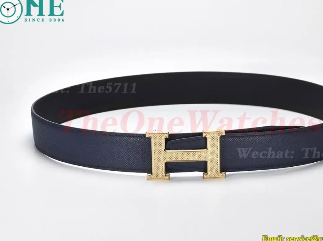 YG Hermes SS Buckle on Blue Black Leather Belt 3.8cm