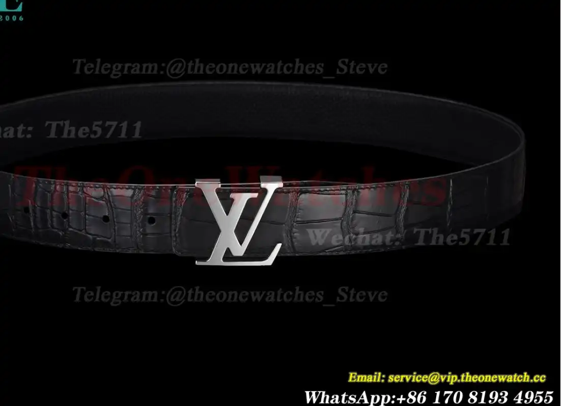 Silver LV Brass Buckle on Black Leather Belt 4.0cm