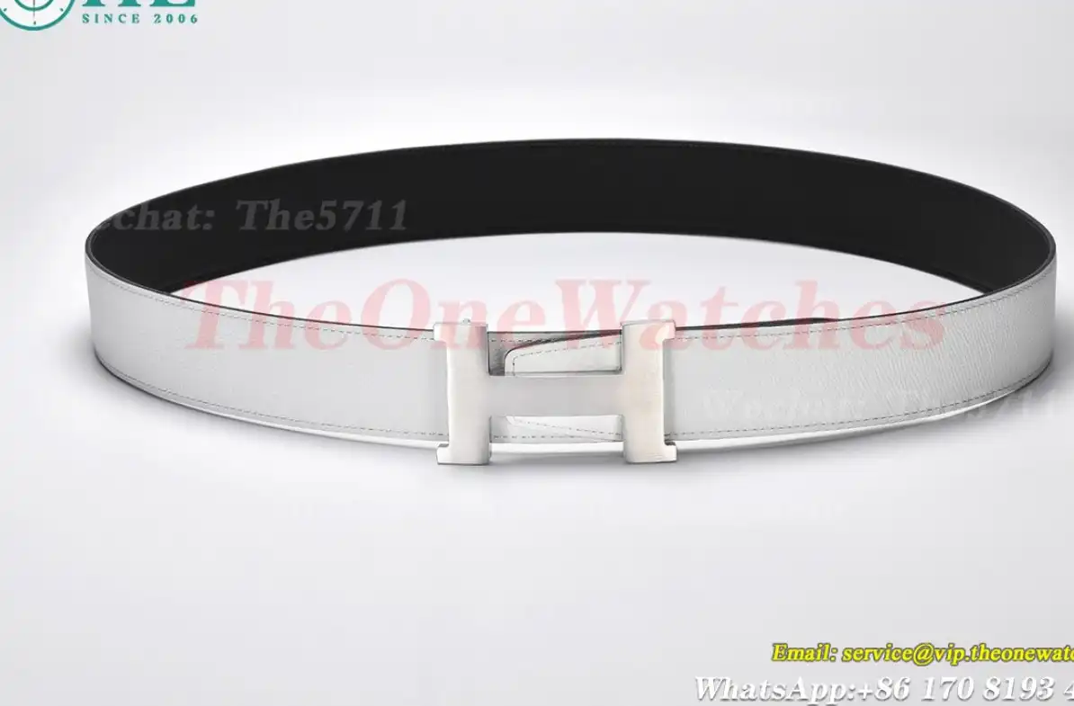 Silver Hermes SS Buckle on White Black Leather Belt 3.8cm